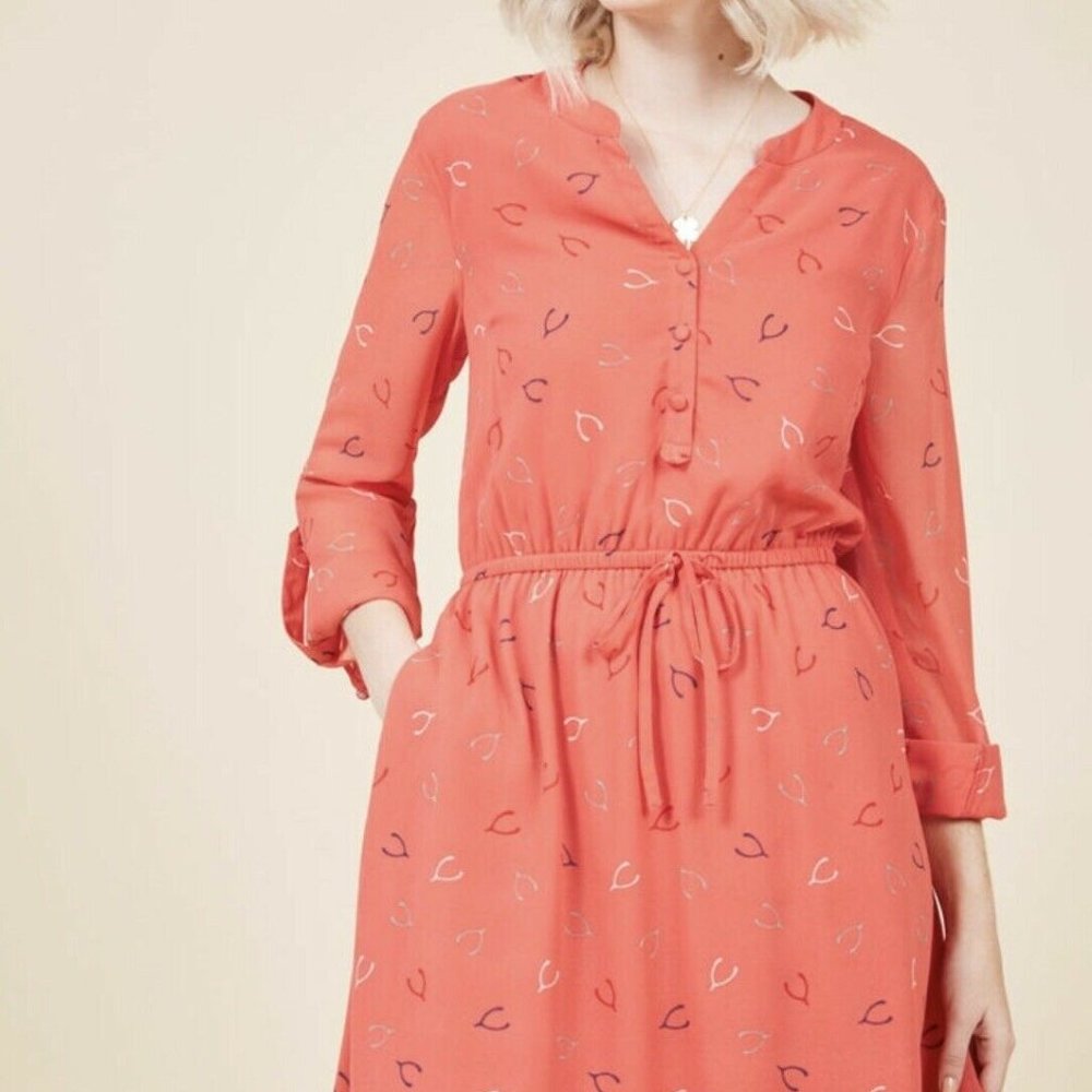 Modcloth Orange Wishbone Print Shirt Dress Medium